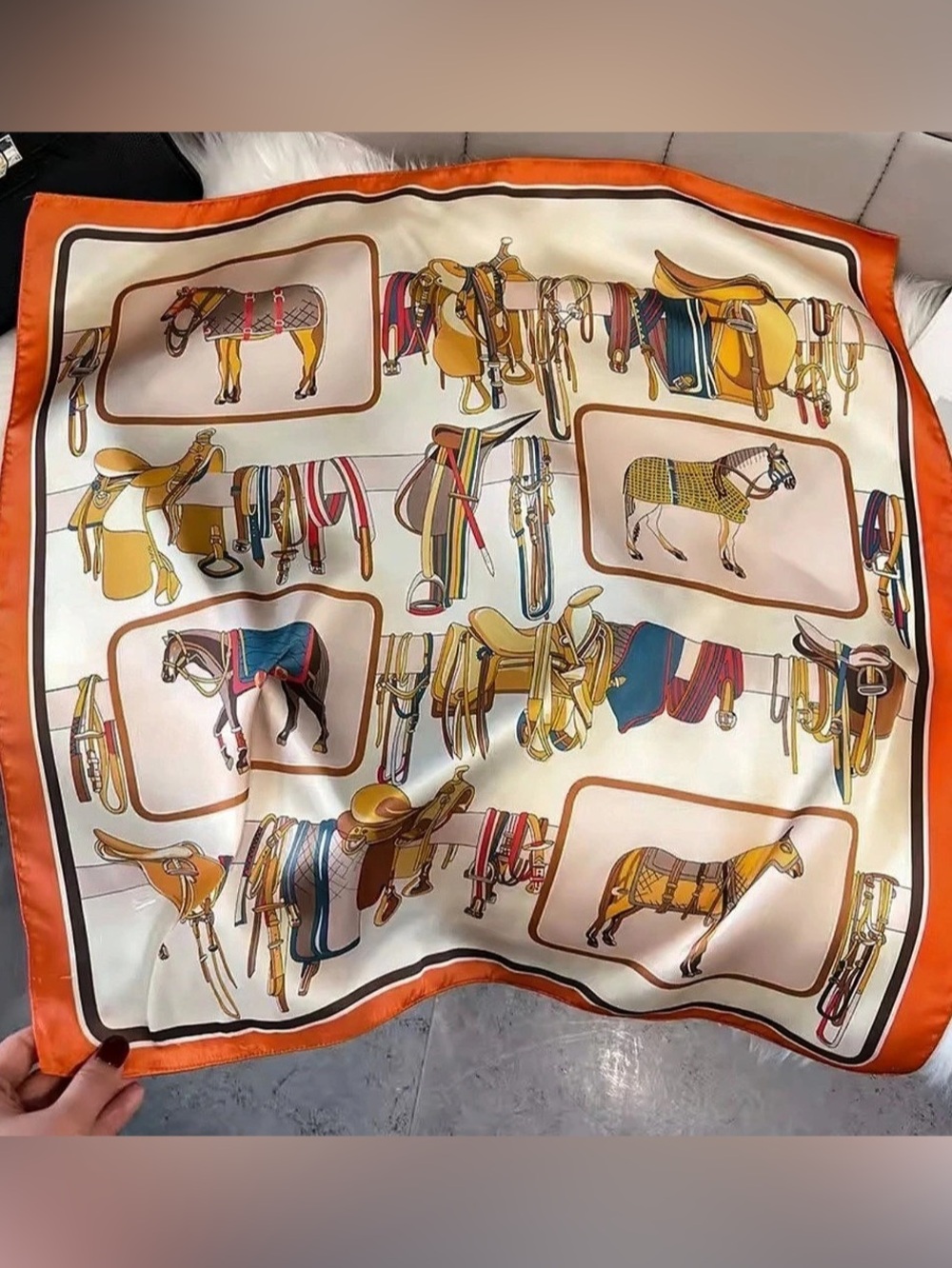 New Horse Print Scarf in Orange & White